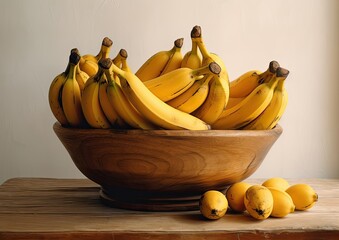 lots of bananas in a wooden bowl on white table Generative Ai