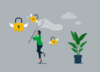 Businesswoman holding butterfly net catch padlock access concept. Flat vector illustration.