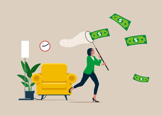 Businesswoman trying to catch flying money with a butterfly net. Running entrepreneur woman using business opportunity to scoop some dollar bills. Vector illustration.