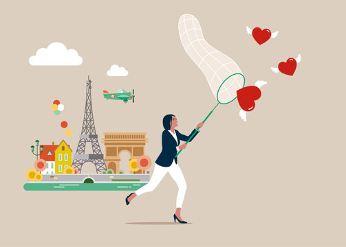 Businesswoman using butterfly net to catch flying heart. Motivation, finding relationship, romance dating, desire or aspiration.  Work inspiration. Vector illustration.
