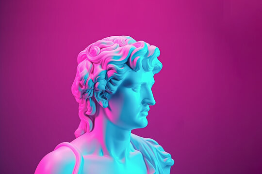 Antique statue in neon light, modern concept, ai generated