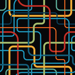 Abstract composition of multicolored lines in a metro map style on a black background. Connection concept. Seamless repeating pattern. Vector illustration.