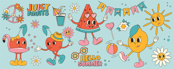 Groovy summer sticker set with summer fruits and elements. Cartoon characters in trendy retro style, comic mascot characters.