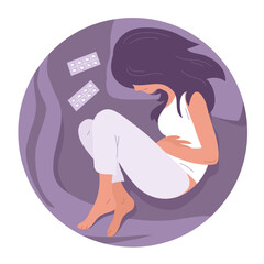 A young woman suffers from abdominal pain. Lying in bed. Symptom of menstruation, acute gastritis, diarrhea. Disease of the gastrointestinal tract. Cartoon vector illustration