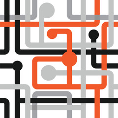 Seamless repeating pattern with colored lines. Geometric composition of tangled orange, grey and black stripes on a white background. Vector illustration.