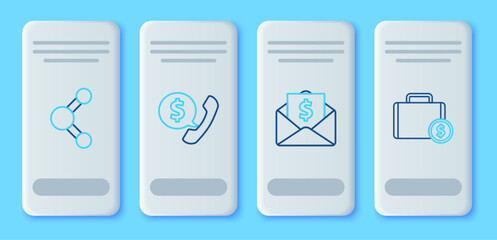 Set line Telephone handset and speech bubble chat, Envelope with coin dollar, Share and Briefcase money icon. Vector