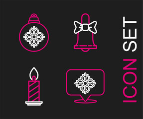 Set line Snowflake with speech bubble, Burning candle in candlestick, Merry Christmas ringing bell and ball icon. Vector