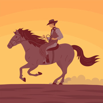 Cowboy man in a hat rides a horse. Desert and hot sunset. Wild West, western, rodeo and horse racing. Cartoon vector illustration