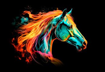 Horse portrait with colorful fire and smoke isolated on black background. Generative AI.