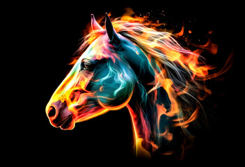 Horse head with colorful fire flames isolated on black background, side view. Generative AI.