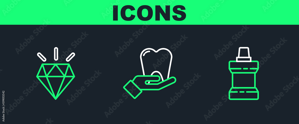 Canvas Prints set line mouthwash plastic bottle, diamond teeth and tooth icon. vector