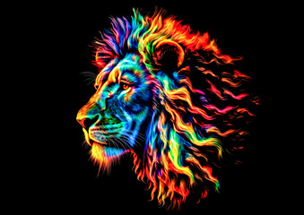 Lion head with colorful flames on black background. 
 Generative AI.