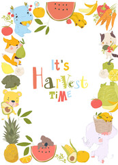 Cute Cartoon Frame with Animals with Fruits and Vegetables
