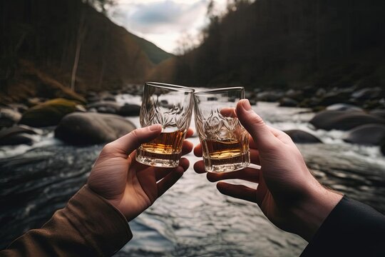 Cheering Friends Enjoying Whiskey by the River
