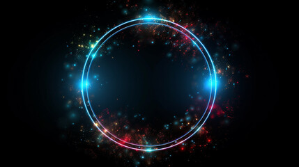 A moldura circular &eacute; uma luz neon cercada por estrelas cintilantes