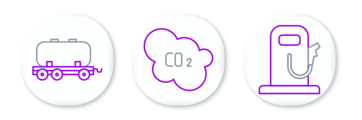 Set line Petrol or gas station, Oil railway cistern and CO2 emissions in cloud icon. Vector