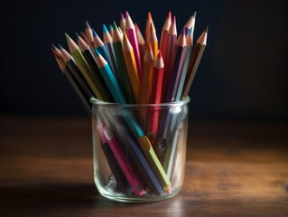 A pencil holder with pencils and colorful markers on a desk
