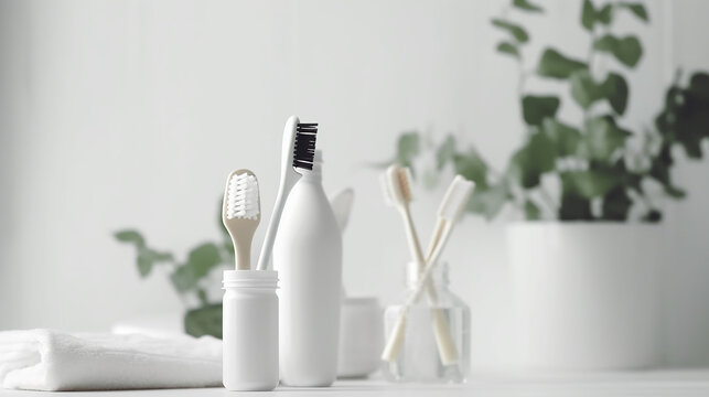 Escova de dentes, produtos dentais e ervas na mesa de madeira branca, closeup. espa&ccedil;o para texto