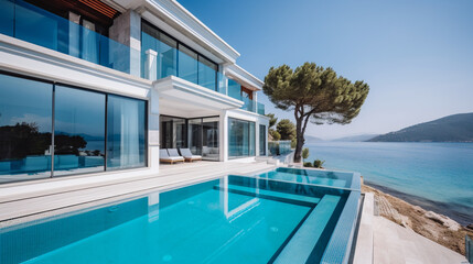 Fototapeta premium Tropical Paradise: A luxuroius villa at the beach, generative AI