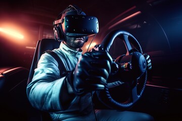 Man using VR headset for facing car video game. Dark background. Generative AI