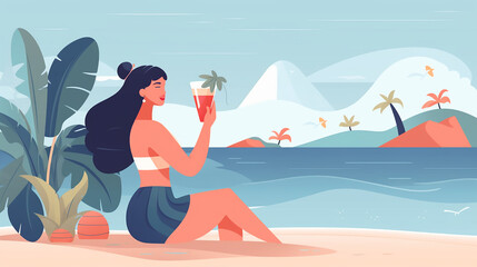 Mulher na praia com coquetel. Turista relaxa com bebida na mão no resort. Férias e férias em tropical