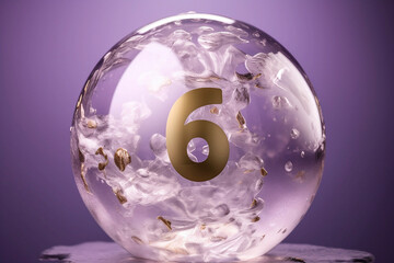 Gold Number 6 in a Clear Ice Bubble with a pale purple background created with Generative AI Technology