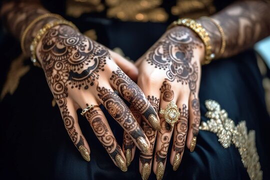 Close up shot of unrecognizable woman with hands painted with henna. Generative AI