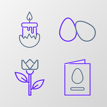 Set line Greeting card with Happy Easter, Flower tulip, eggs and Burning candle icon. Vector