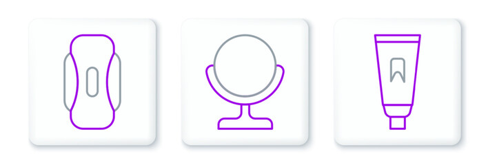 Set line Tube of toothpaste, Sanitary napkin and Round makeup mirror icon. Vector