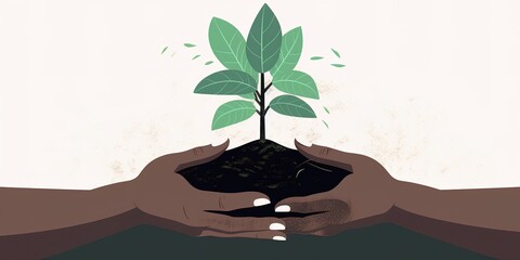 Flat design illustration of two hands holding small tree for planting on fertile soil. Environmental conservation concept. Generative AI
