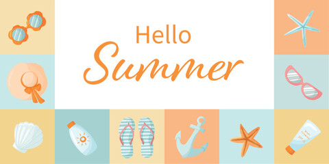 Nautical summer collage with various beach elements. Bright beach banner with sunglasses, seashells, sun cream, anchor and flip flops. Hello summer text. Template for summer events