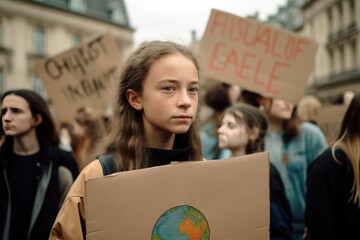 Girl holding sign during protest against climate change. Environmental conservations and global warming concept. Generative AI - obrazy, fototapety, plakaty