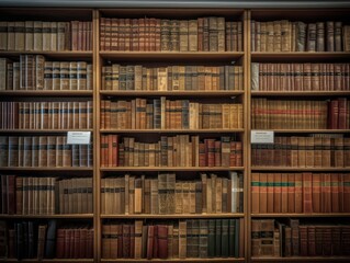A library bookshelf filled with books and reference materials