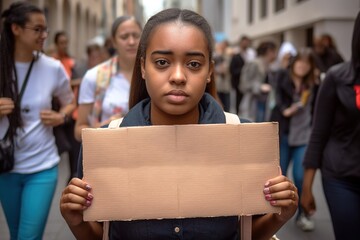 Fototapeta na wymiar Africa American girl looking serious at the camera holding sign in blank for copy space during protest on the streets. Social issues march concept. Generative AI