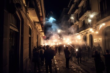 People celebrating new year in the streets of European town at night with fireworks. Generative AI