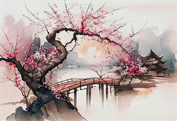 Beautiful asian cherry blossom scene. Watercolor hand drawing. Generative ai