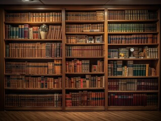 A library bookshelf filled with books and reference materials