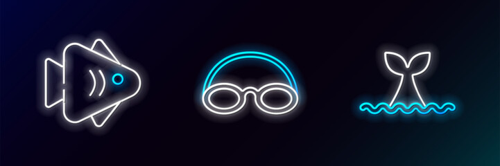 Set line Whale tail in ocean wave, Fish and Glasses and cap icon. Glowing neon. Vector