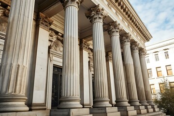 Naklejka premium Courthouse columns. Classical building façade with stone and marble. Greek Style Columns Row. Generative AI
