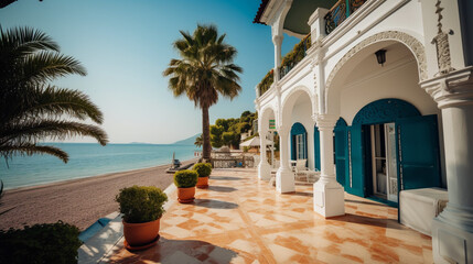 Fototapeta na wymiar Tropical Paradise: A luxuroius villa at the beach, generative AI