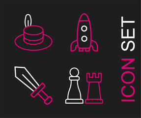 Set line Chess, Sword for game, Rocket ship and Man hat icon. Vector