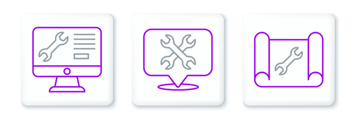 Set line Graphing paper and wrench, Computer monitor service and Location with icon. Vector