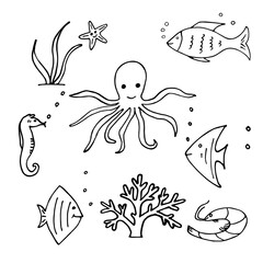 Vector illustration of Sea life. Set with doodle funny sea animals.