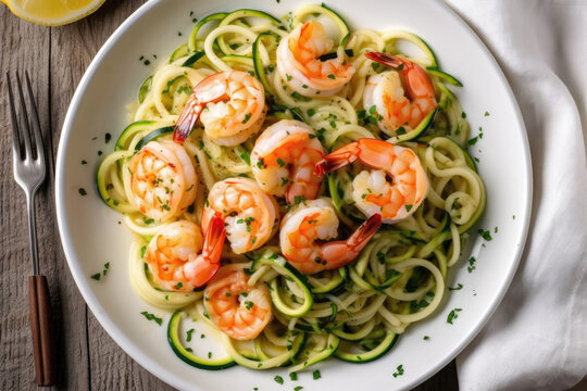 Shrimp Scampi With Zucchini Noodles On White Plate. Gluten-Free Dish.. Generative AI