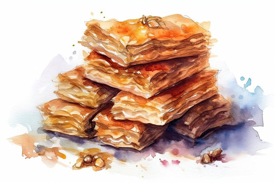 Watercolor Drawing Baklava On White Background. Generative AI