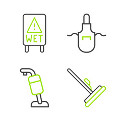 Set line Mop, Vacuum cleaner, Kitchen apron and Wet floor icon. Vector