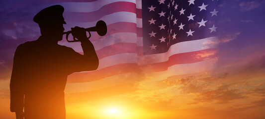 Silhouette military bugler on the background of the American flag. USA holidays. 3d illustration.