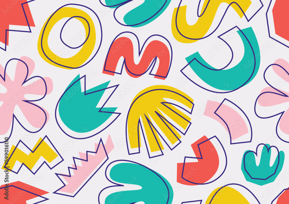 Wall mural various modern free form shapes and doodle objects seamless pattern. trendy contemporary pattern. ab