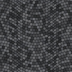 Seamless geometric pattern. Gray cobblestone with square tiles arranged in wavy lines on a black background. Traditional porphyry design floor. Mosaic style. Vector illustration. Great as a texture.