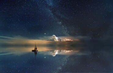 Obraz na płótnie Canvas Ocean Milky way boat sailing
